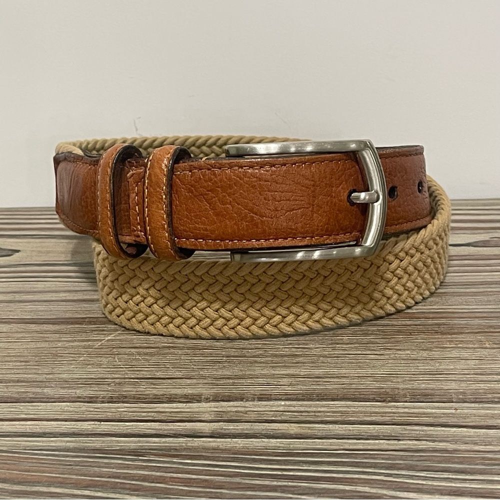 Torino Stretch Woven Beige Belt Brown Leather Trim Silver Buckle 69502 Men 34